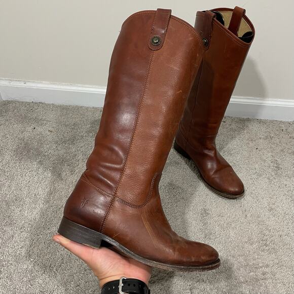 Frye Melissa Button Pull-On Leather Tall Riding Boots Womens Sz 7.5 Cognac Brown - Picture 1 of 14